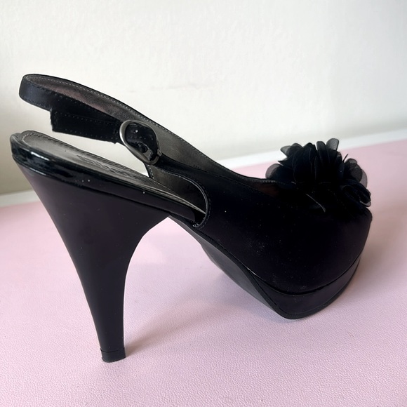 Black Satin Peep Toe Slingback Heels - Picture 6 of 7